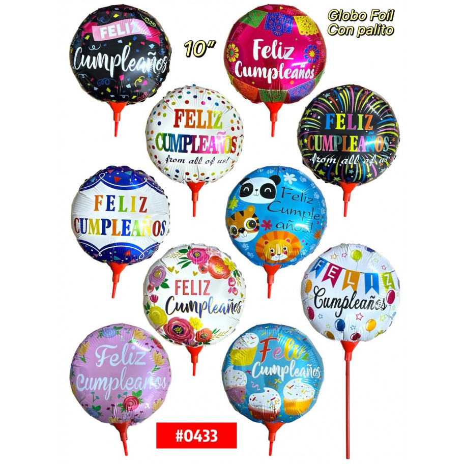 GLOBO FOIL 10" CON PALITO FELIZ CUMPLEAÑOS #0433 GRANEL
