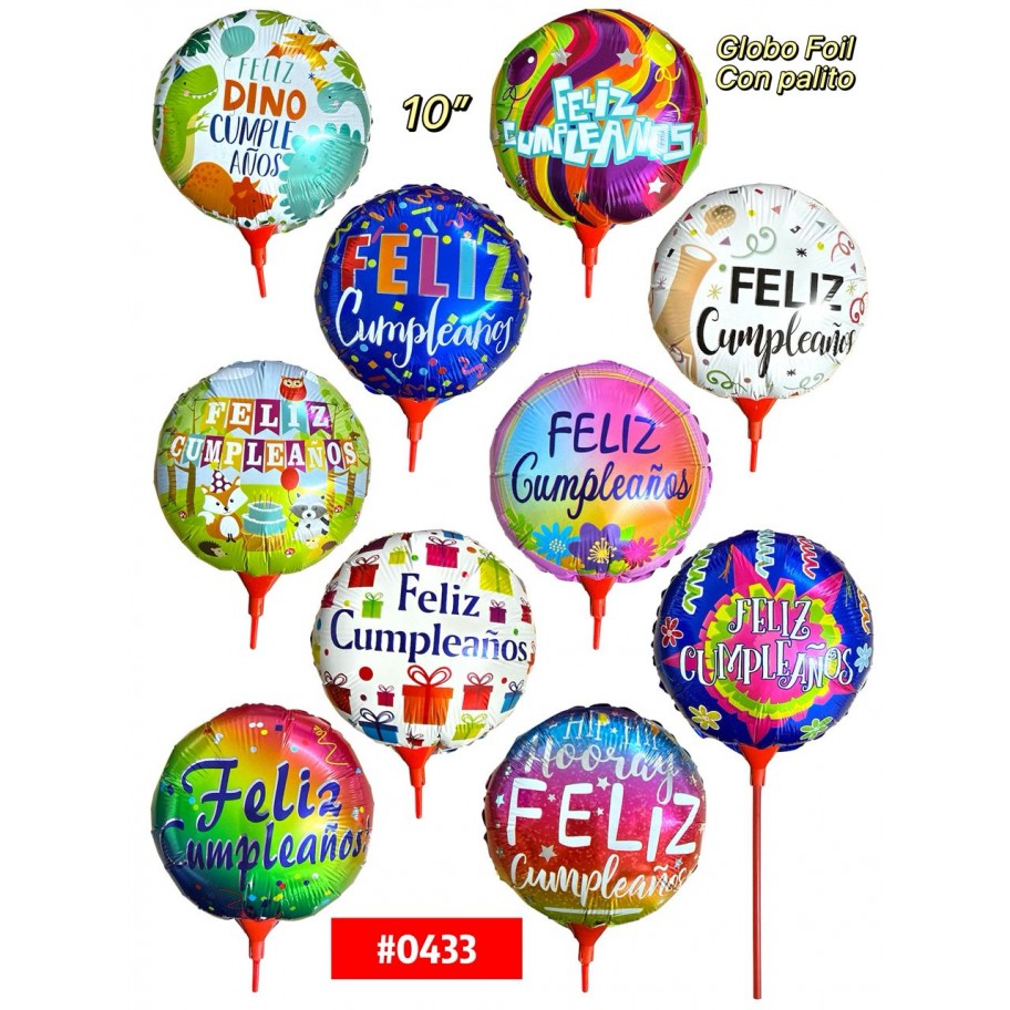 GLOBO FOIL 10" CON PALITO FELIZ CUMPLEAÑOS #0433 GRANEL
