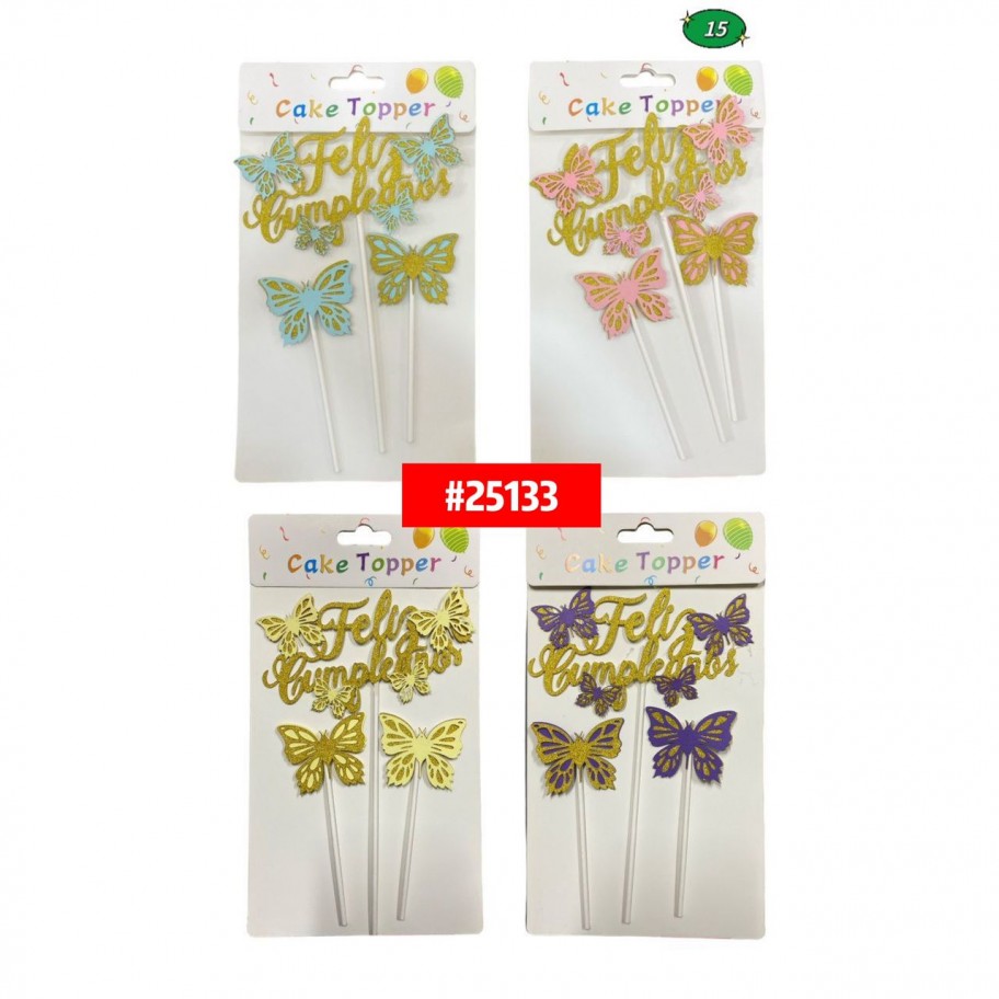 TOPPER DORADO FELIZ CUMPLEAÑOS CON MARIPOSAS #25133 P.U