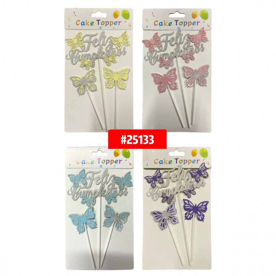 TOPPER PLATEADO FELIZ CUMPLEAÑOS CON MARIPOSAS #25133 P.U