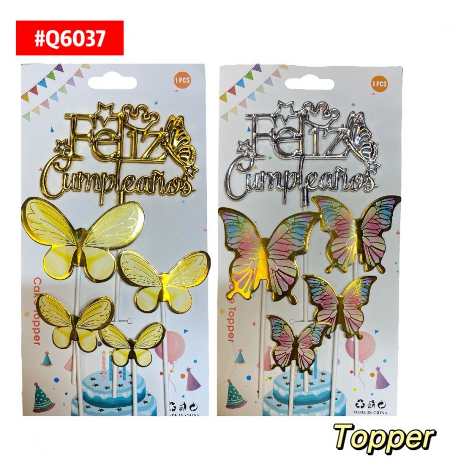 TOPPER FELIZ CUMPLEAÑOS CON 4 MARIPOSAS #Q6037