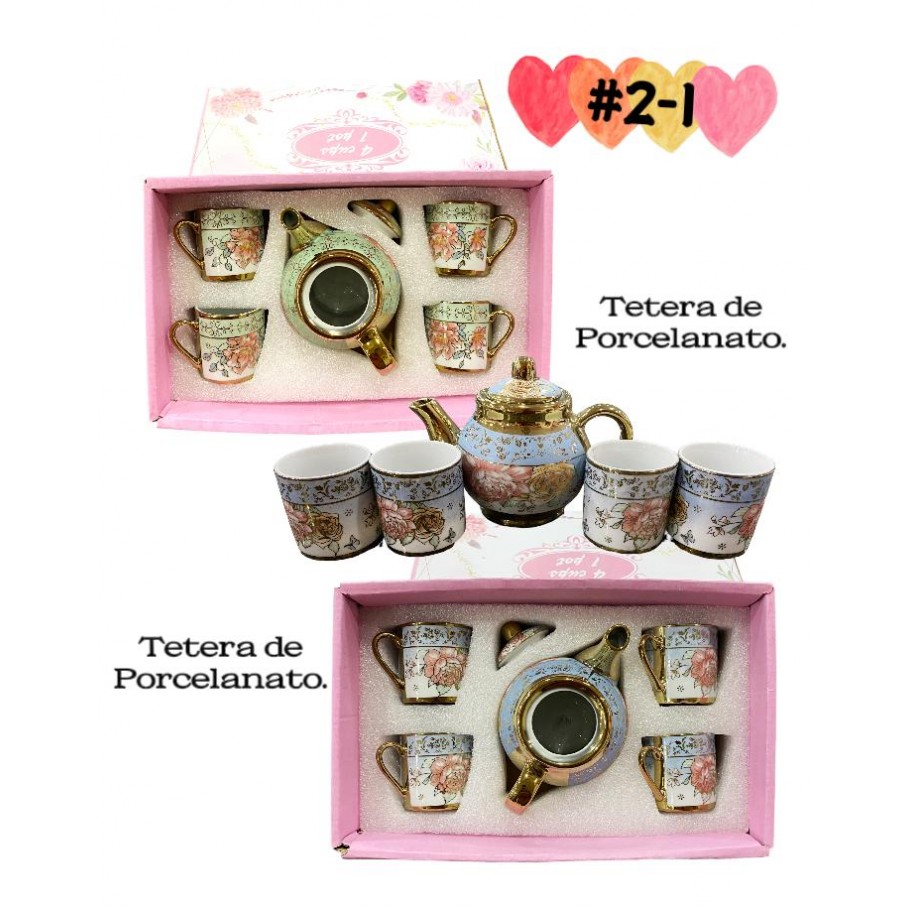 SET DE 4 TAZAS + TETERA DE PORCELANATO #2-1